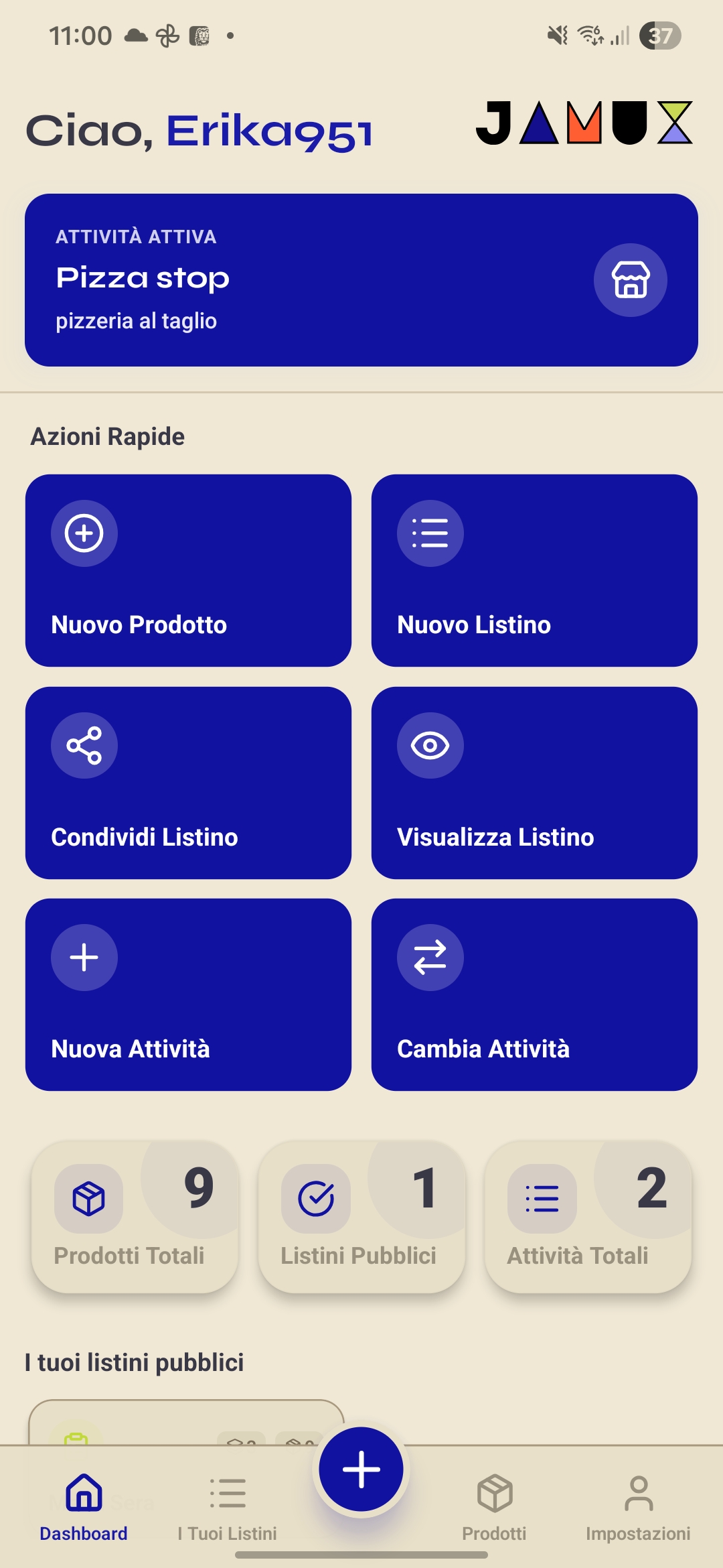 Dashboard JamuX con azioni rapide e statistiche