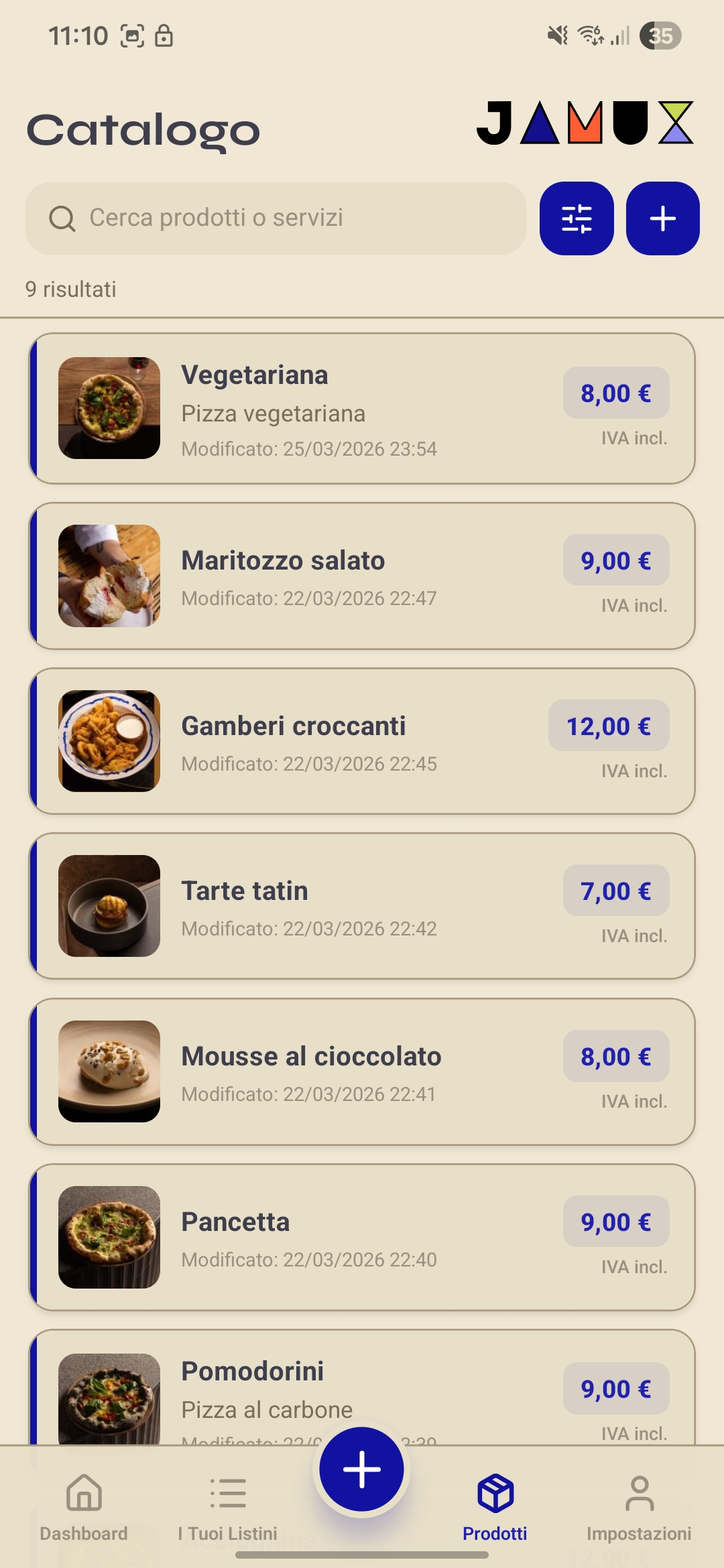 Schermata Catalogo Prodotti con prezzi e date di modifica