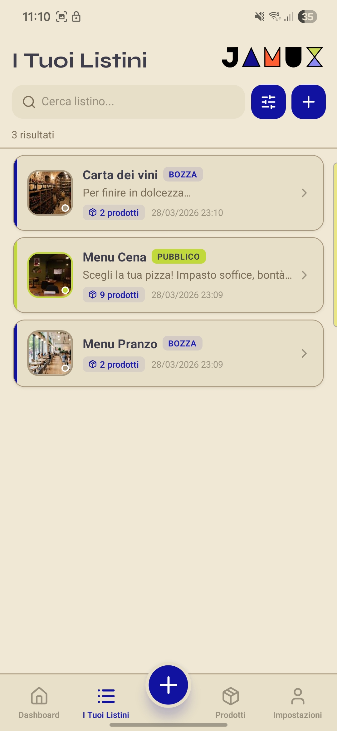 Schermata I tuoi Listini – lista di listini con stati bozza e attivo