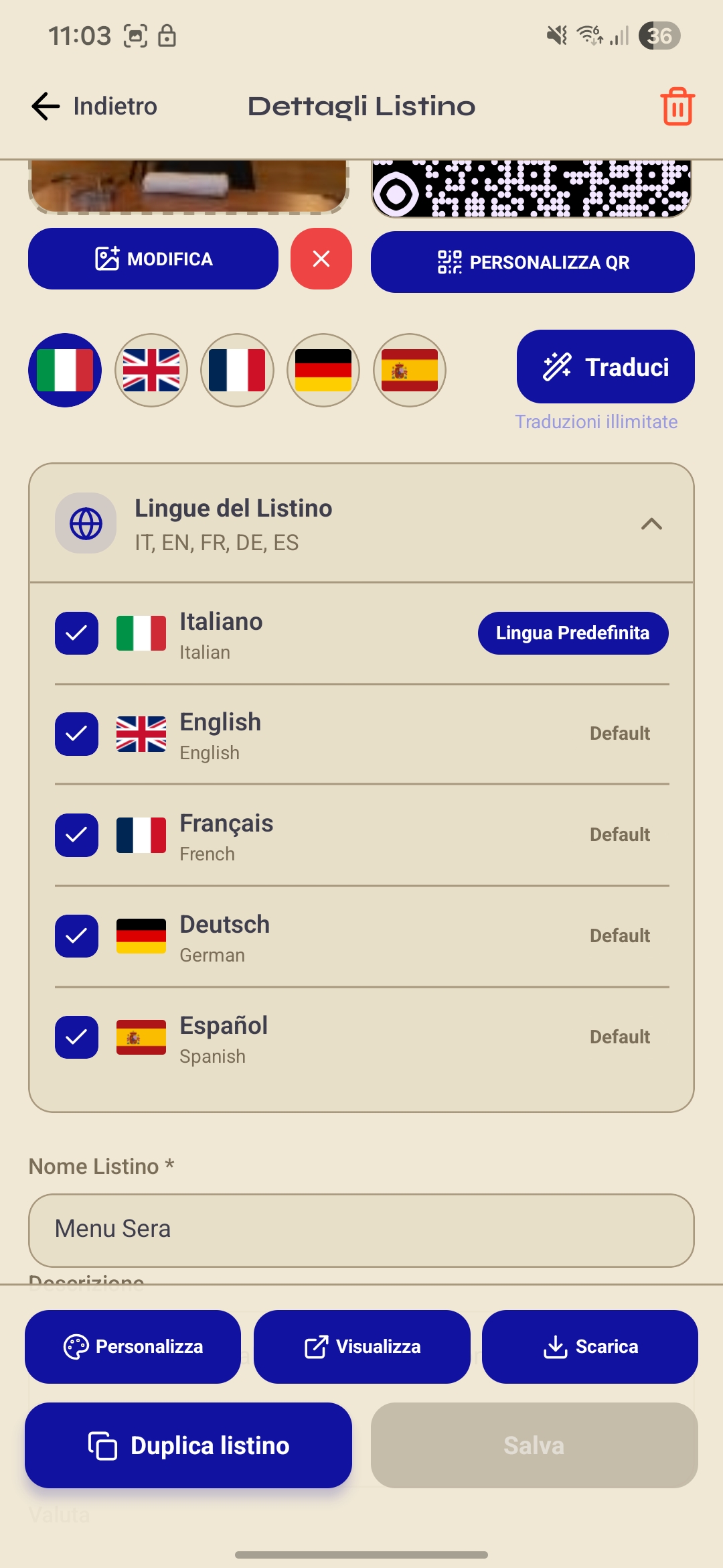Gestione lingue del listino