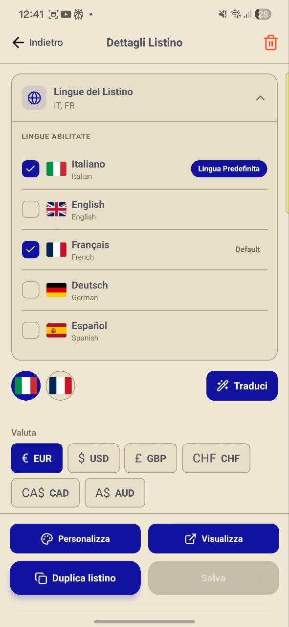 Gestione lingue del listino