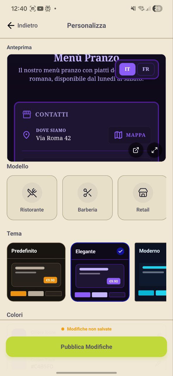 Schermata Personalizza Listino con anteprima live e selezione tema